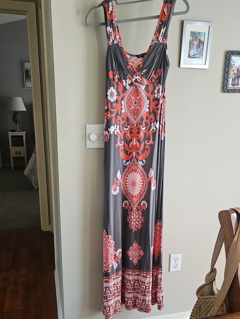 INC Gray Maxi Dress with Coral Floral Medallion Print